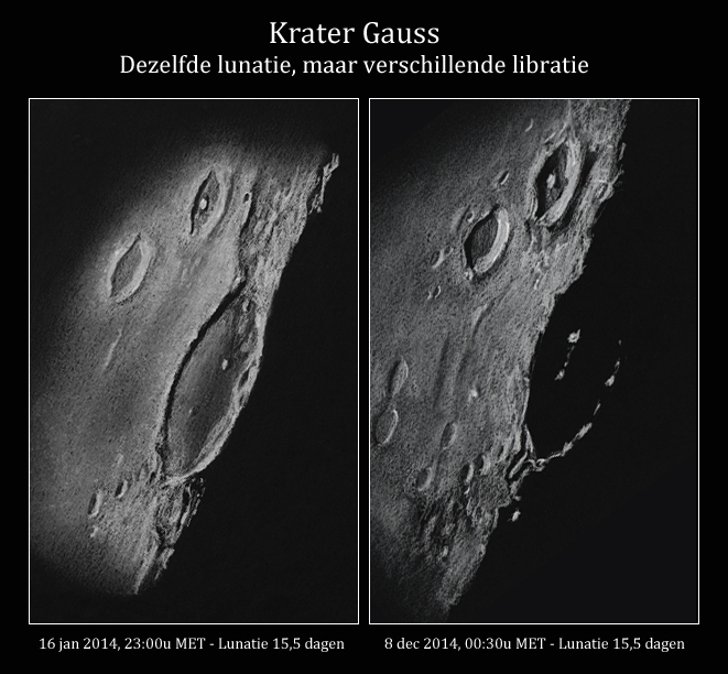 The lunar crater Gauss and environs seen in different librations on January 16, 2014 and December 8, 2014